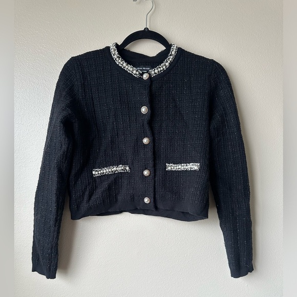 Urban Revivo Sweaters - Urban Revivo Black Tweed Pearl Knitted Cardigan S